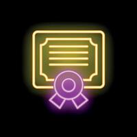 Neon sign representing a diploma with a ribbon on a black background vector
