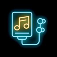 Neon music player icon connecting with wireless earphones on black background vector