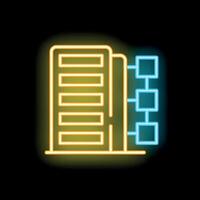 Neon glowing server room icon with blockchain technology on black background vector