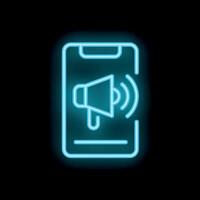 Neon icon of mobile phone showing megaphone announcing something important vector