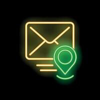 Neon icon of email envelope sending location pin showing email marketing concept vector