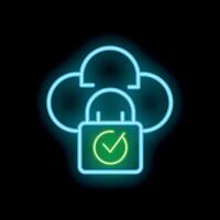 Neon icon of cloud computing security showing padlock and check mark vector