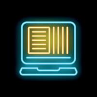 Neon laptop showing spreadsheet with data analysis and text document on black background vector
