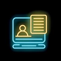 Neon icon of computer showing user profile with document for online registration vector