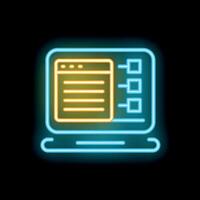 Neon icon of laptop showing website code with script and boxes on black background vector