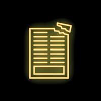 Bright yellow neon icon of a torn document is glowing on a black background vector