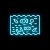 Glowing neon icon of sea pollution with fish and garbage floating vector