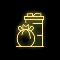 Yellow neon sign of trashcan overflowing with garbage bag on the floor vector