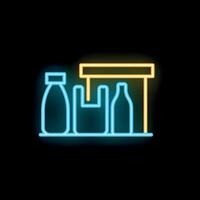 Neon icon of plastic bottles and bag on a shelf with a sign above them, representing the concept of plastic pollution vector