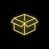 Open cardboard box glowing neon sign on dark background vector