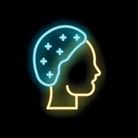 Neon icon of human head with brain showing positive thoughts vector