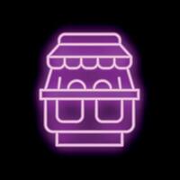 Neon sign depicting a market stall with awning on black background vector