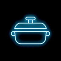 Blue neon sign of a cooking pot with lid open on a black background vector