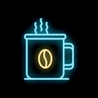 Glowing neon sign of steaming coffee mug on black background vector