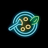 Neon sign depicting fork picking food from a plate with a garnish vector