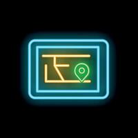 Neon glowing tablet computer showing location tracking app icon on black background vector