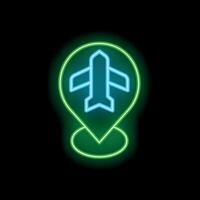Neon sign showing airplane inside gps pointer on a black background vector