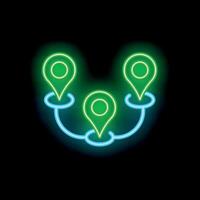 Neon sign showing three location pins connected with blue line on black background vector