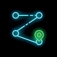 Neon sign showing route with pin location icon on brick wall background vector