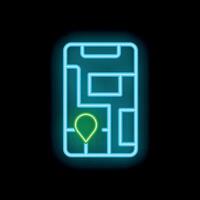 Glowing neon city map with location pin showing destination on smartphone screen vector