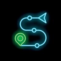 Neon sign showing a winding road and a location pin pointing at the starting point vector