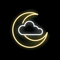 Yellow neon sign of a crescent moon partially covered by clouds on a black background vector