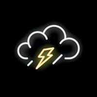 Neon cloud with lightning bolt and rain glowing on black background vector