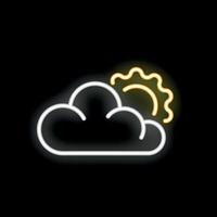 Glowing neon icon of sun hiding behind cloud on black background vector