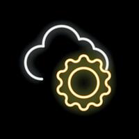 Neon cloud computing configuration gear symbol on black background vector