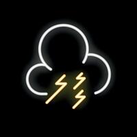 White and yellow neon sign of a storm cloud with lightning on a black background vector