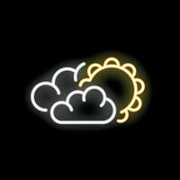 Bright yellow sun hiding behind white clouds neon sign on black background vector