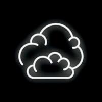 Neon style icon of two overlapping clouds glowing white on black background vector