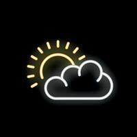 Neon sun shining through white clouds on black background vector