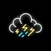 Neon sign depicting storm cloud with lightning and rain on black background vector