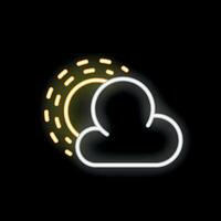 Neon icon of sun hiding behind cloud on black background vector