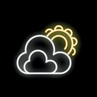 Neon sun hiding behind clouds on black background vector