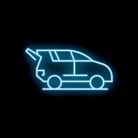 Neon effect glowing blue minivan with open trunk on black background vector