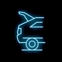 Neon icon of blue car with open trunk moving fast on dark background vector