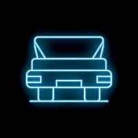 Blue neon sign of a pickup truck with open trunk on a black background vector