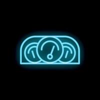 Neon dashboard icon with speedometer and gauges glowing blue vector
