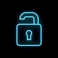 Neon open padlock icon glowing on black background vector