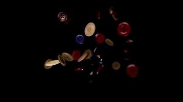 Shining buttons of different colour fall on black background video