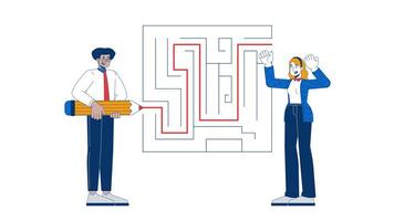Business problems solving 2D animation. Build roadmap for project 4K motion graphic. Happy diverse coworkers finding way out of maze animated characters cartoon flat concept, white background video