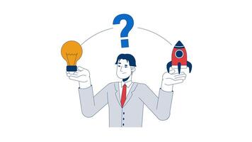 Seeking way to launch startup 2D animation. Business idea finding 4K motion graphic. Confused asian man with lightbulb and rocket animated character cartoon flat concept, white background video