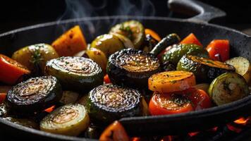 A sizzling skillet of colorful, roasted vegetables steaming on a stovetop. photo