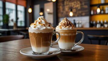 Two beautifully layered coffee drinks topped with whipped cream and caramel, served in glass mugs. photo
