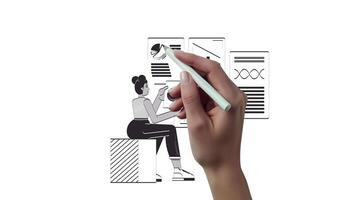 Product management outline whiteboard animation . Ecommerce strategy hand drawn presentation motion graphic. Business analyst with charts, hierarchy teamwork animated sketch 2D characters doodle video