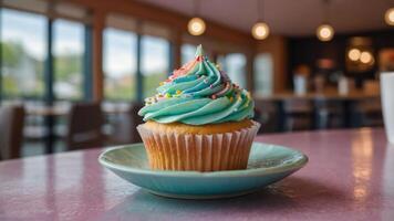 A colorful cupcake with blue frosting and sprinkles on a plate in a cozy caf setting. photo
