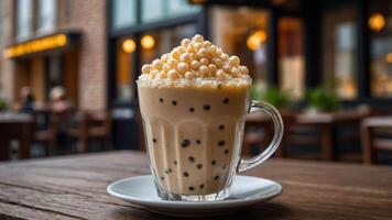 A glass of bubble tea topped with tapioca pearls, served on a wooden table in a caf setting. photo