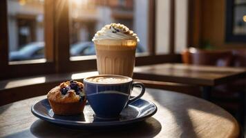 A cozy caf scene featuring a latte and a muffin, highlighting relaxation and enjoyment. photo